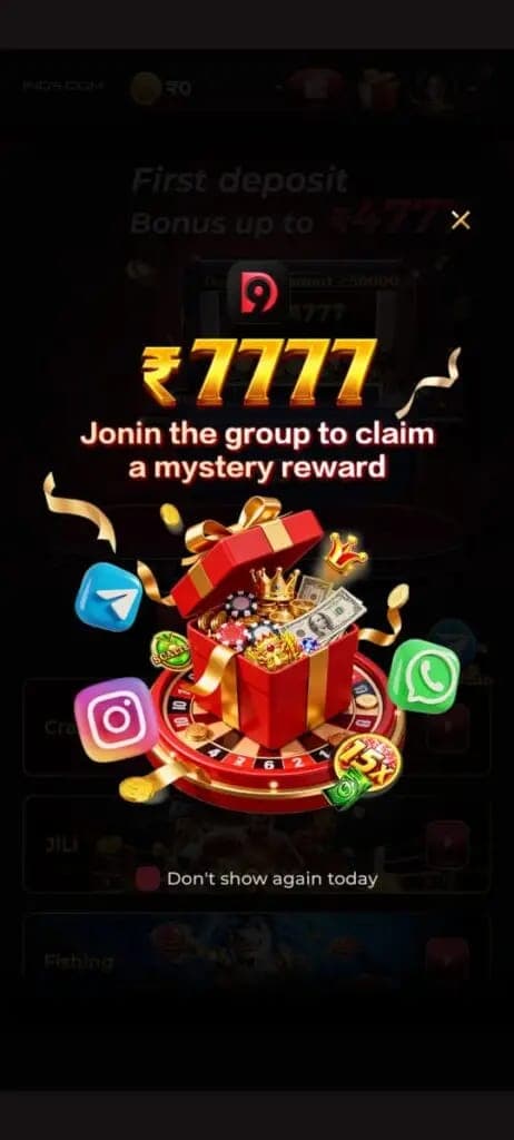 IND9 Game first deposit bonus up to ₹7777 mystery reward screen