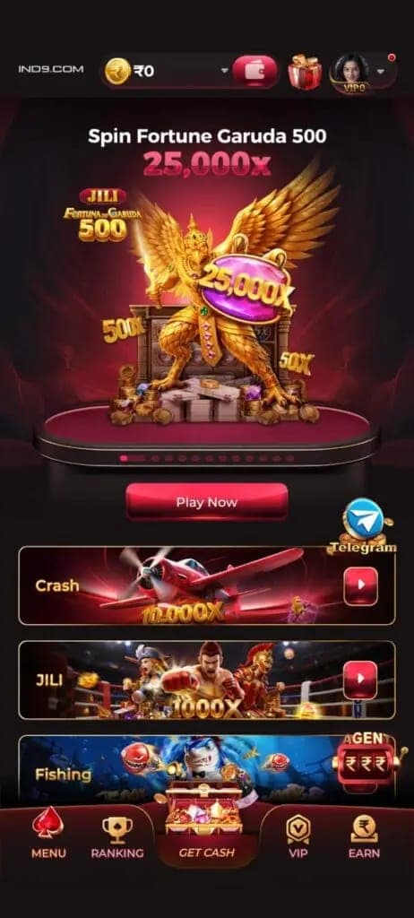 IND9 Game app home screen showing Spin Fortune Garuda 500 and Play Now download button